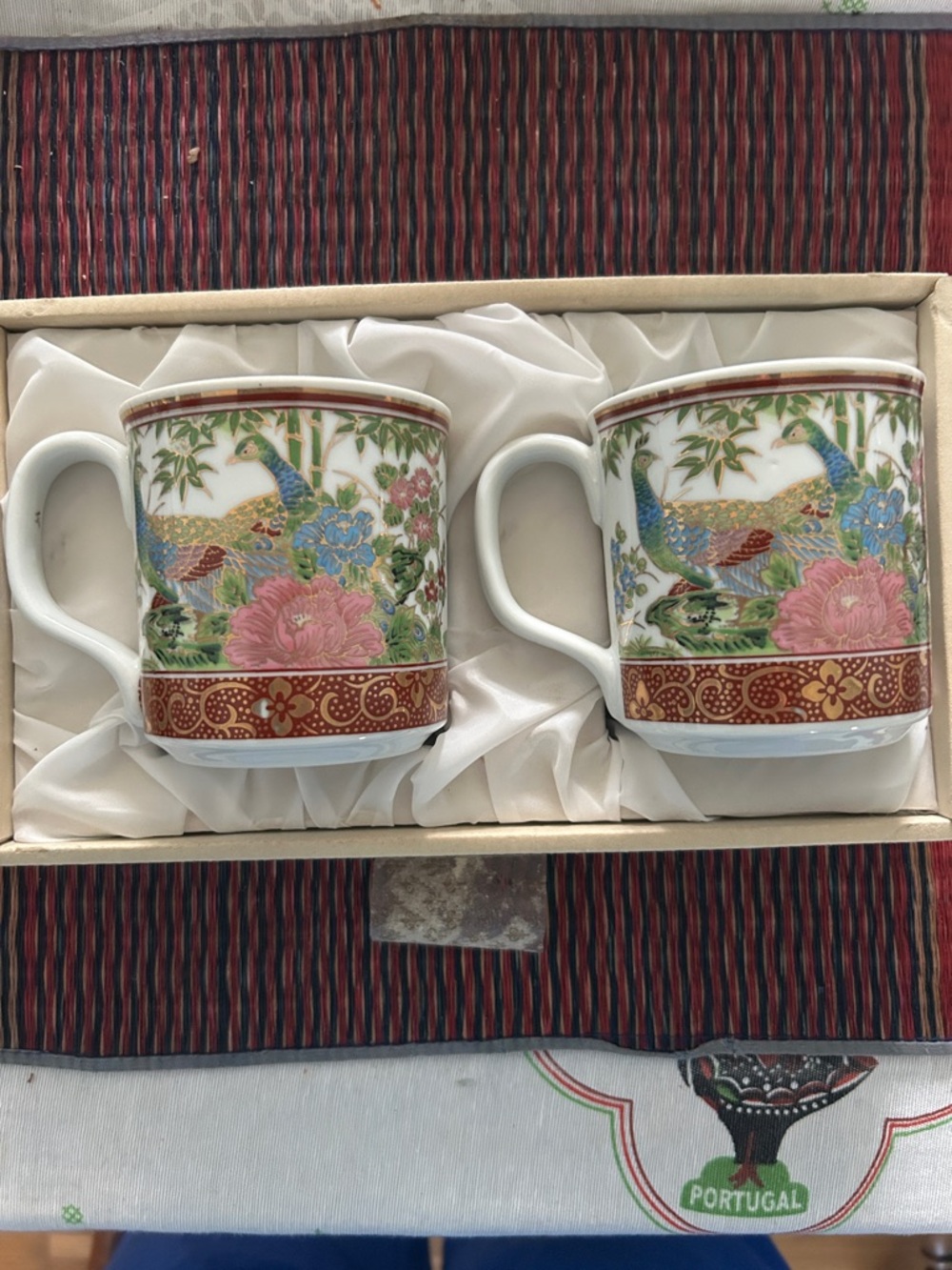 Porcelain Peacock Floral Mug Set - White and Multicolor